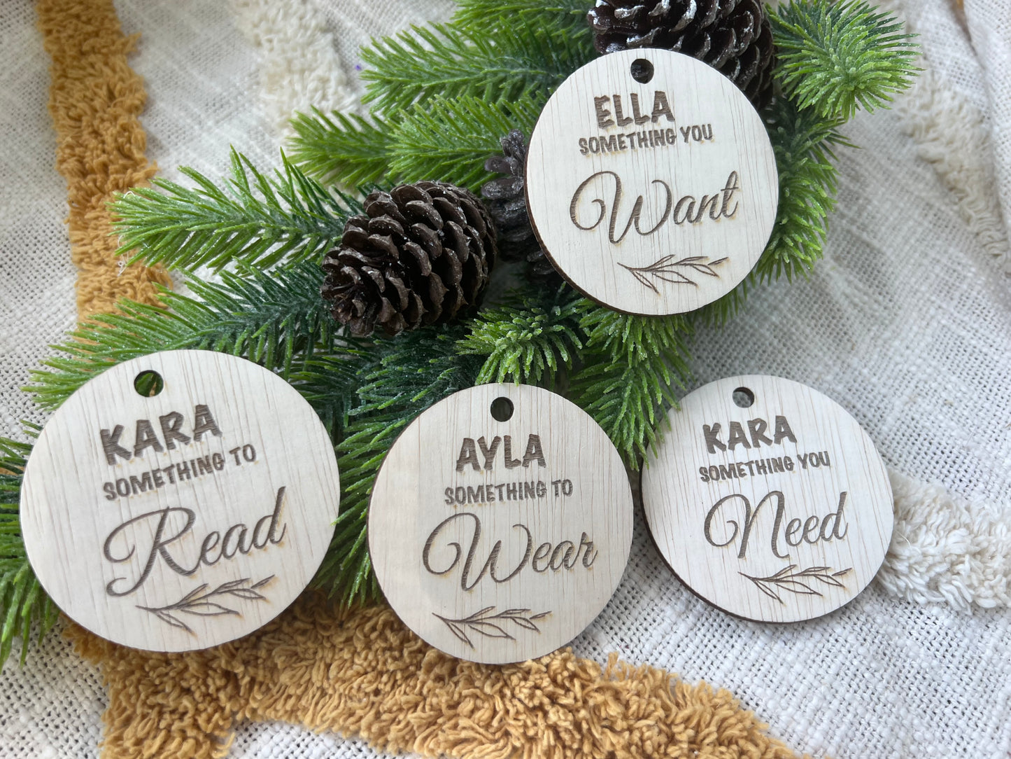 Personalised Something to Read, Wear,Need &Want wooden disc’s